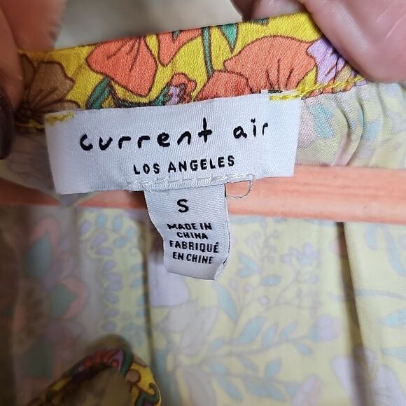 Current Air Yellow and Pink Floral Satin Long Sleeve Tie Front Peasant Blouse Sm - Picture 5 of 8